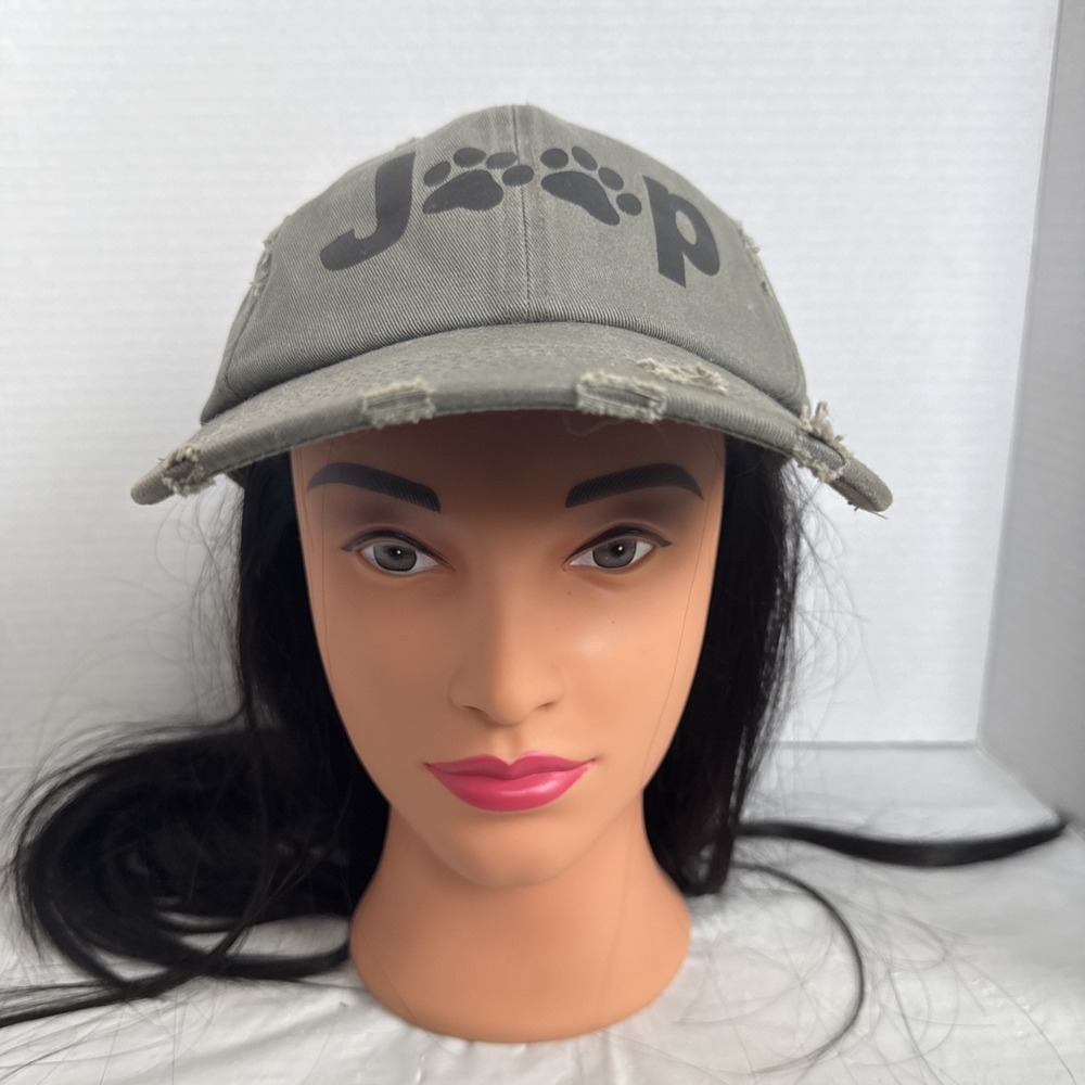 Distressed JEEP "Dog Paw" Ball Cap Hat Grey Cotton Canvas 100 Cotton Distressed